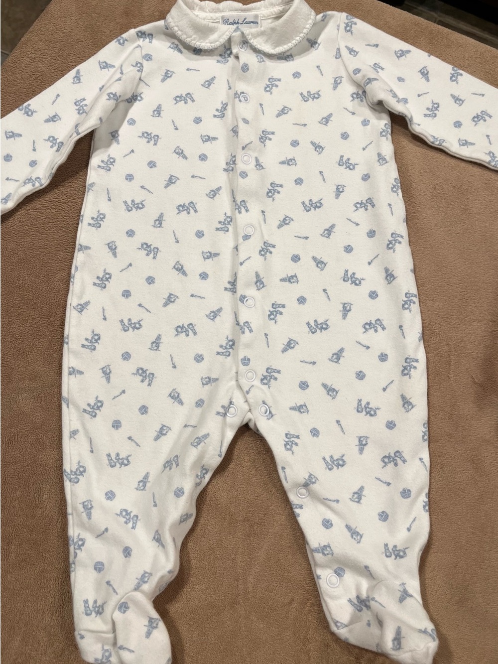 Ralph Lauren Cream & Light Blue Printed Bunnies Baby Cotton One-Piece 9mo